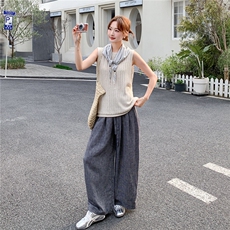 休闲风针织圆领无袖上衣阔腿裤两件套女2026春夏新款时尚气质套装，女装套装/套裙，艾米莉亚