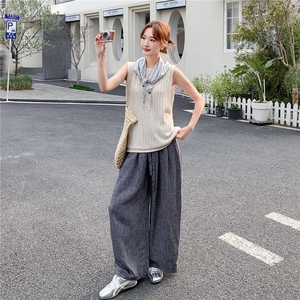 休闲风针织圆领无袖上衣阔腿裤两件套女2026春夏新款时尚气质套装图片