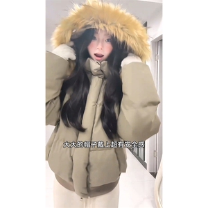 现货三防重磅硬挺boxy短款羽绒棉衣座山雕大毛毛领PU皮棉服外套冬