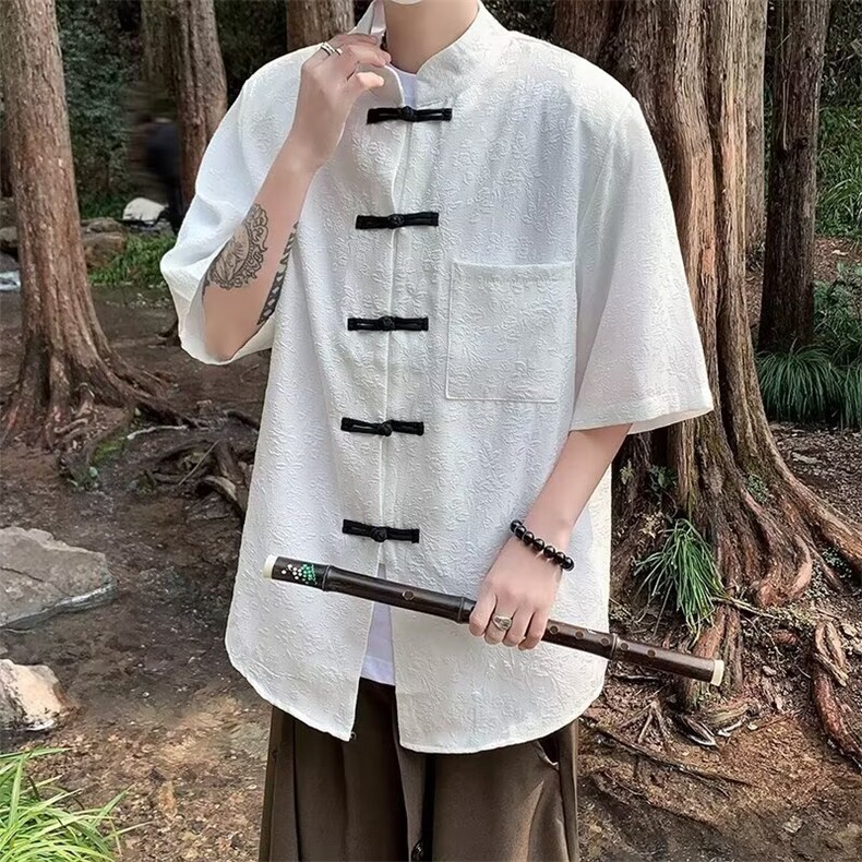 新中式风男装短袖立领衬衫盘扣提花复古中山装七分半袖唐装衬衣图片