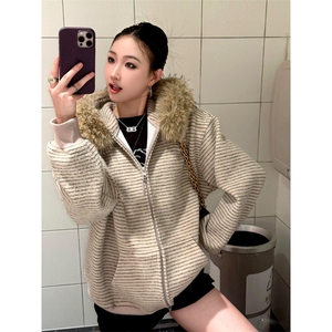 网图 美式复古条纹毛领连帽卫衣外套女秋季休闲宽松开衫上衣特P79图片