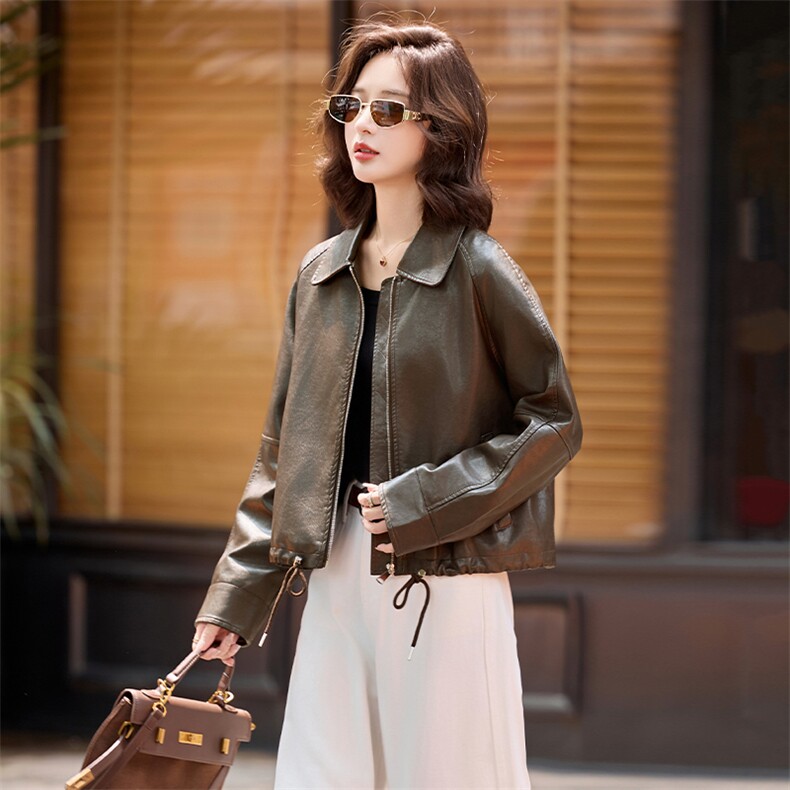 海宁皮衣女仿真皮2025年新款仿绵羊皮高端机车皮夹克短款外套休闲，女装皮衣，美拉德工厂直营店