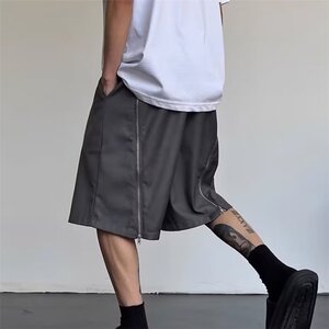 美式高街设计感休闲后拉链西装短裤男夏季宽松直筒五分裤CD97P35图片