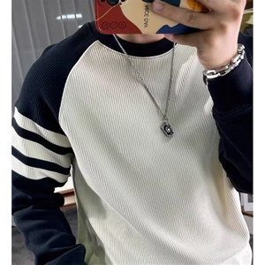 竖条拼接撞色卫衣秋冬季新款男士长袖圆领套头休闲卫衣 W8259图片