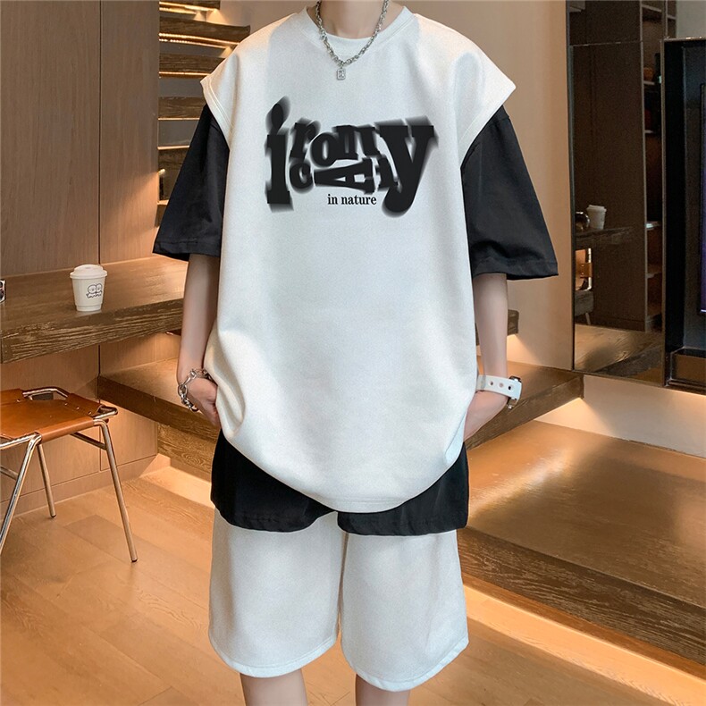 直播美式麂皮绒宽松背心无袖t恤短裤大码两件套套装TZ109-P58,男装T恤,电商A486