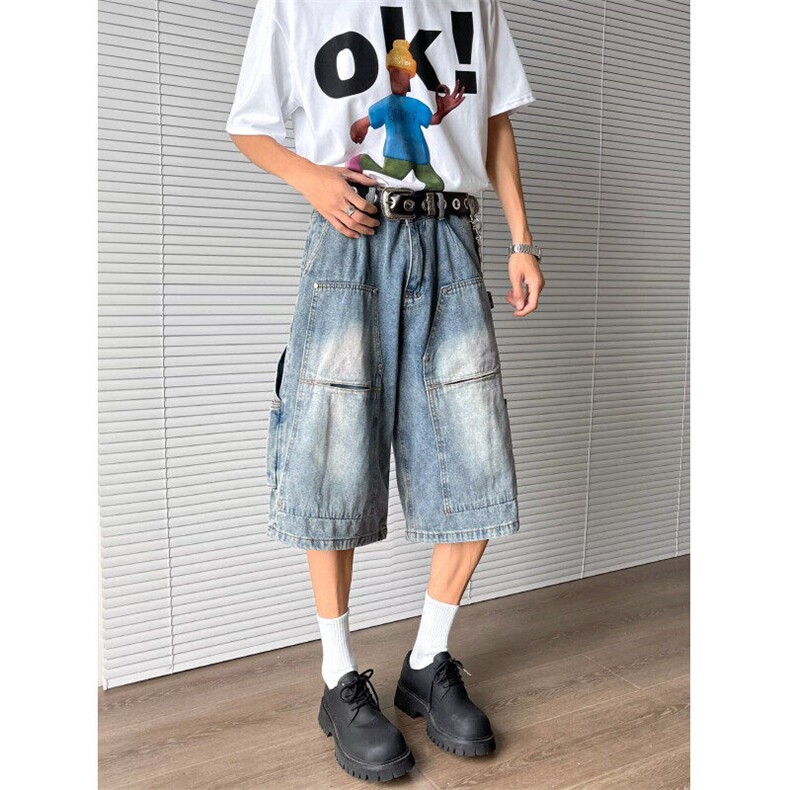 七分牛仔裤男女韩版潮流高街百搭口袋2025夏季ins短裤RK2779-P53,男装牛仔裤,星座412-3