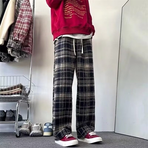 毛呢加绒格子裤男女秋冬加绒加厚阔腿裤百搭高腰休闲卫裤A923加绒图片