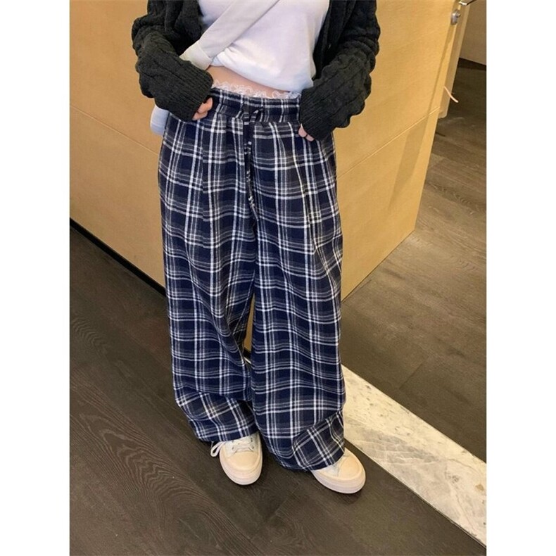 蓝色蕾丝花边格子休闲裤女宽松直筒阔腿裤慵懒高腰长裤LB3877-p40图片