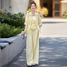 小香风时尚套装女2026新款洋气减龄夏季防晒衬衫吊带阔腿裤三件套，女装套装/套裙，衣之秀