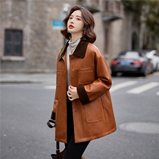 欧版宽松显瘦中长款羽绒皮衣女冬季款设计感口袋PU皮白鸭绒羽绒服，女装皮衣，江南女神