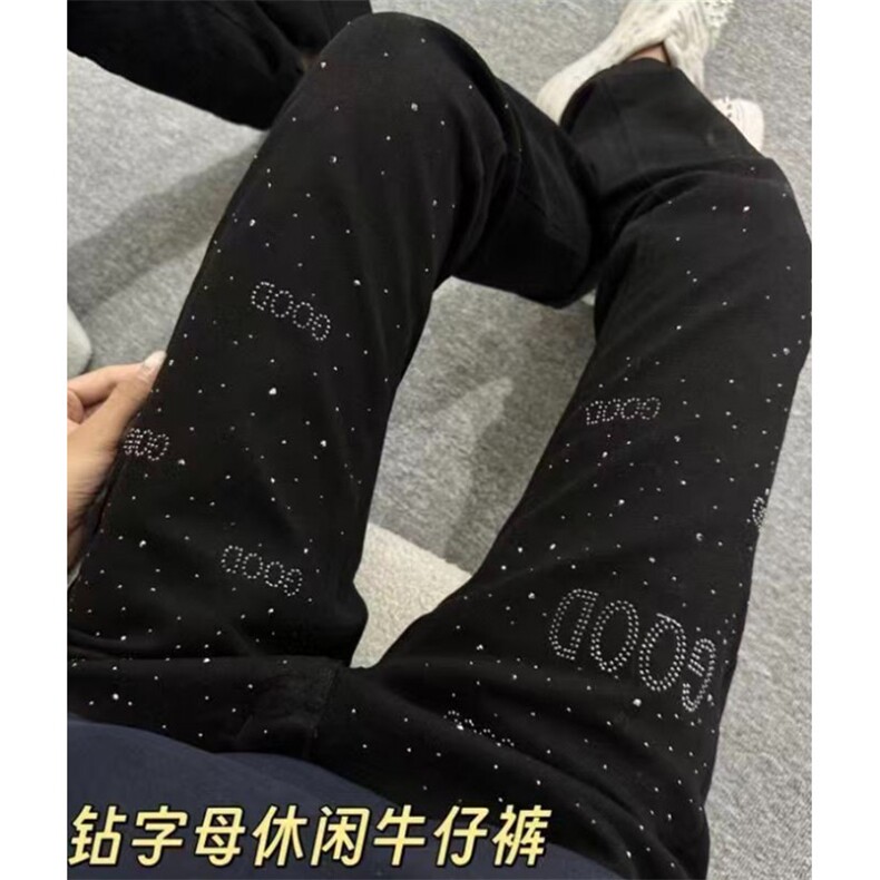 字母烫钻刺绣新款牛仔裤男修身时尚小脚弹力轻奢裤子 NT18图片