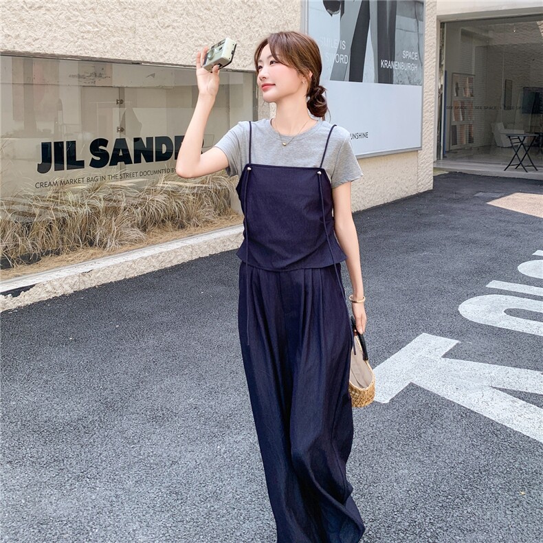 淡人穿搭气质百搭套装2025夏新款吊带短袖T恤女高腰阔腿裤三件套,女装套装/套裙,维壹