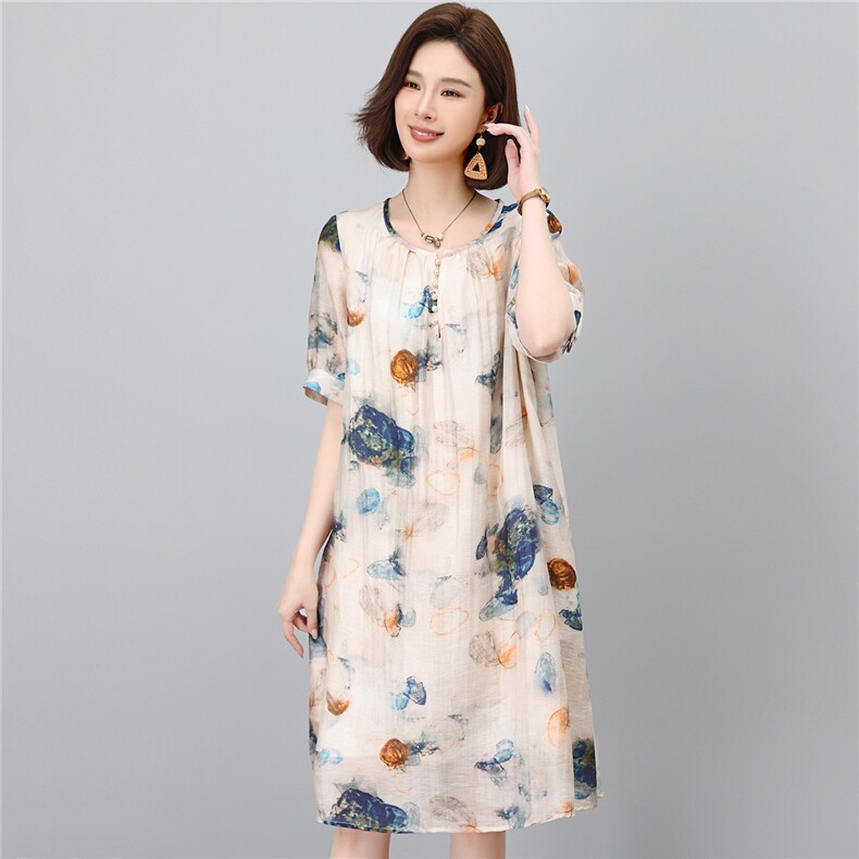 2026时尚中年妈妈休闲直筒莱赛尔天丝麻连衣裙,女装连衣裙,独衣靓