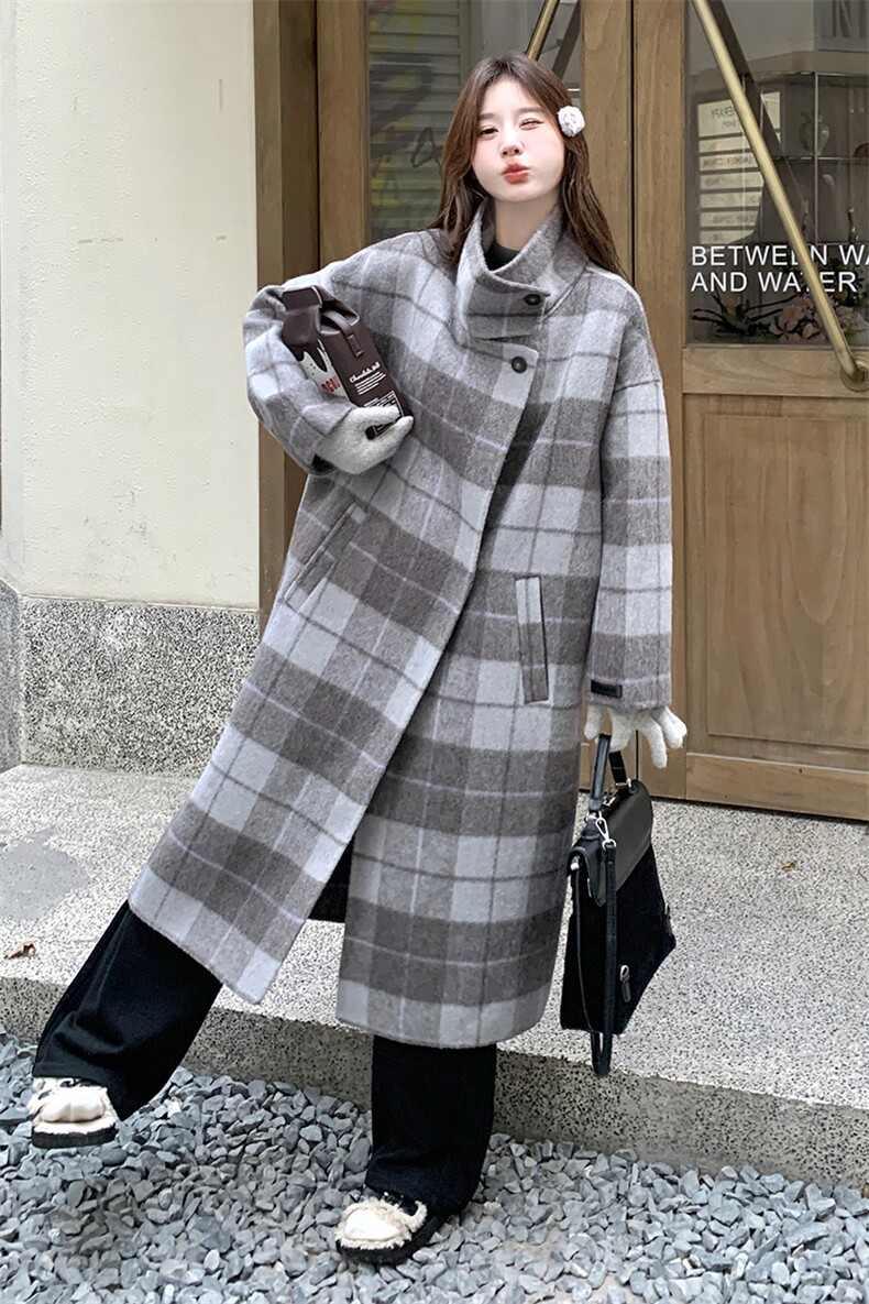 灰色格纹双面呢大衣女中长款2024冬季韩系设计感气质时尚毛呢外套,女装双面呢大衣,千千佰惠