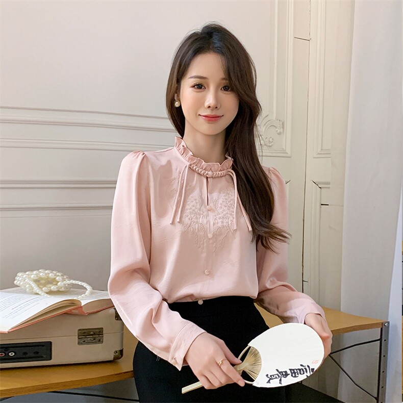 红利秀雅705国风盘扣衬衫女刺绣上衣2024春夏新木耳边长袖衬衣715,女装衬衫,曼琳思菲