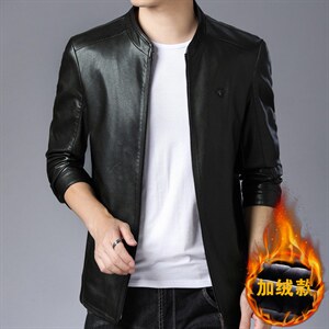 男士皮衣春秋季2023新款商务休闲中年男装纯色立领加绒上衣外套图片
