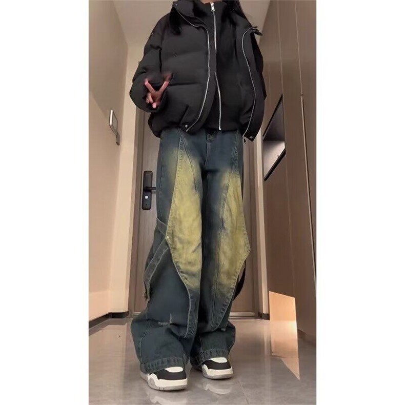 美式复古蓝工装牛仔裤男痞帅炸街设计感水洗做旧阔腿裤L88122-P55图片