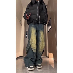 美式复古蓝工装牛仔裤男痞帅炸街设计感水洗做旧阔腿裤L88122-P55图片