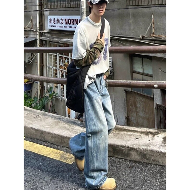浅蓝牛仔美式复古微喇水洗牛仔裤ins潮流宽松阔腿牛仔裤NKK03P50,男装牛仔裤,电商D256A(原A064A)