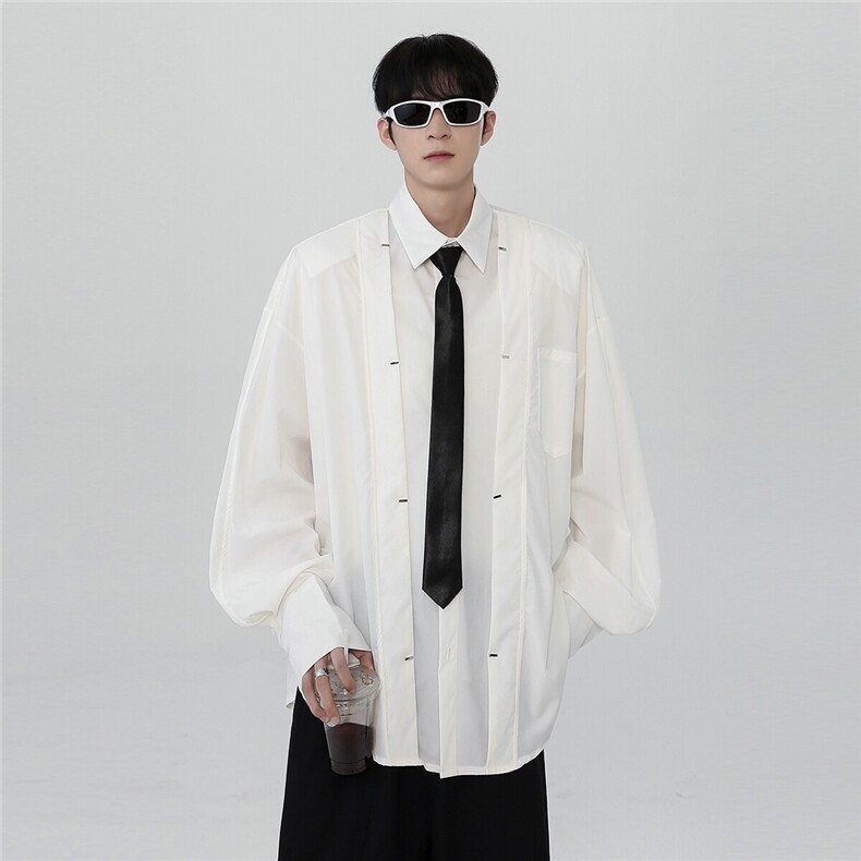 现货小众层次压皱设计感垫肩衬衫男长袖宽松廓形白衬衣CS27-P68,男装衬衫,电商C307