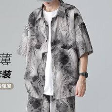 3720-P24夏季新款水墨扎染冰丝短袖衬衫男衬衣套装，男装休闲套装，电商B323A