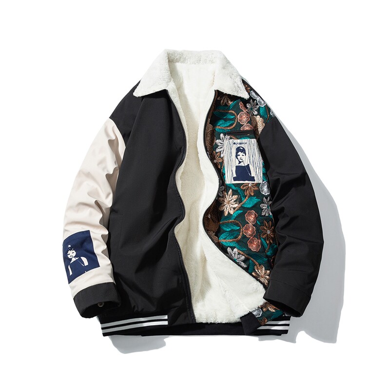 1白底刺绣拼接设计翻领羊羔毛大码M-5XL棉衣外套男8723P110控148，男装棉衣，星座226-2