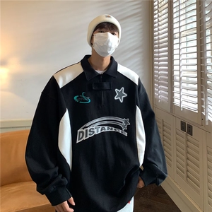 潮美式赛车服长袖t恤男款高街嘻哈潮牌拼接半拉链polo翻领卫衣图片