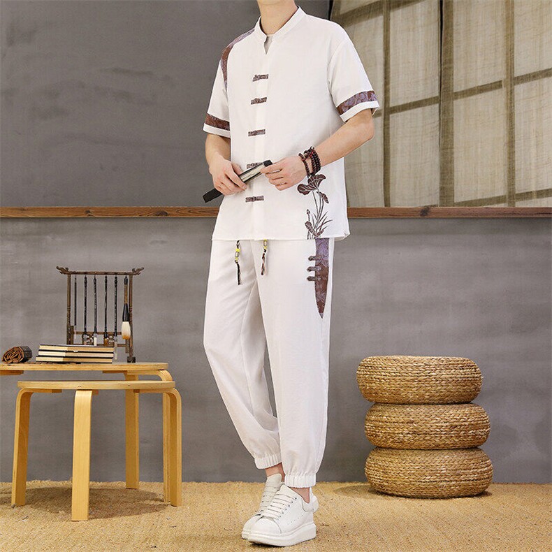 风夏季两件套男士冰丝宽松短袖套装民族男装汉服,男装T恤,星座1206（原A206）