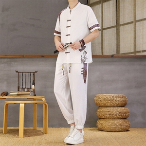 风夏季两件套男士冰丝宽松短袖套装民族男装汉服图片