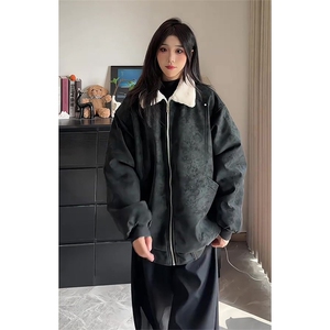 现货冬季美拉德毛领雾面PU皮棉服加绒加厚保暖百搭设计款情侣棉衣图片