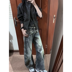 美式腰带印花复古弯刀牛仔裤高街风【现货】Y7096P53，男装牛仔裤，星座1112-1