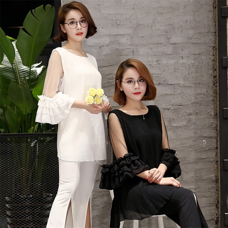 纯色圆领气质宽松堆堆袖原创设计2020夏季韩版雪纺衫，女装蕾丝衫/雪纺衫，香香