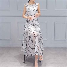 2022无袖圆领甜美夏季花色长款套头中腰连衣裙，女装连衣裙，时尚俏佳人