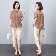 时尚印花高端上衣苎麻翻领衬衫女，女装衬衫，3200格调