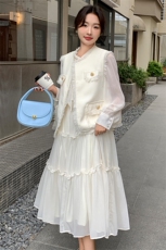 法式小香风流苏马甲连衣裙两件套女春秋新款轻熟风白色气质长裙子，女装套装/套裙，纯色衣恋