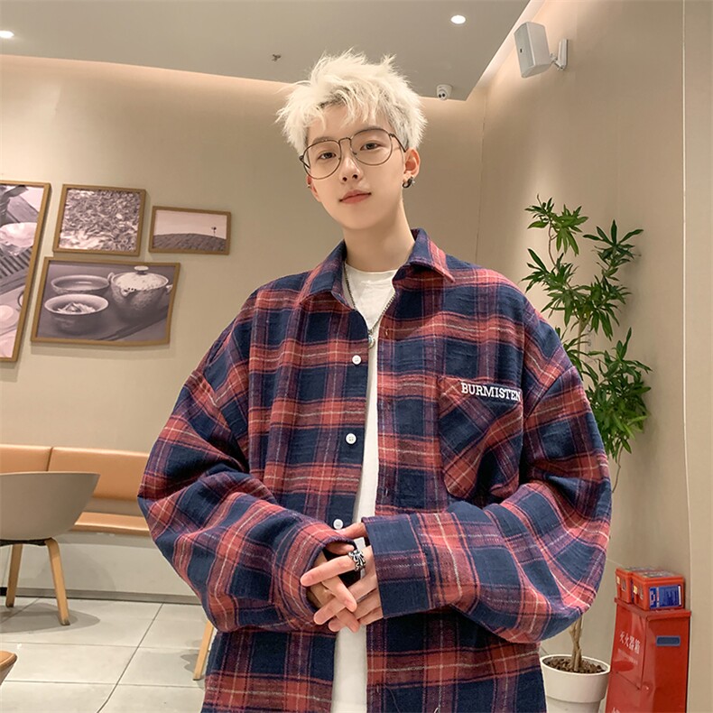 B225-仔仔图-C6603--P55-X69---长袖潮流刺绣口袋格子衬衫--全棉,男装衬衫,电商B225