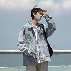 春秋拼接印花牛仔外套男复古宽松休闲潮流青少年夹克上衣3260P58，男装工装外套，星座410-2