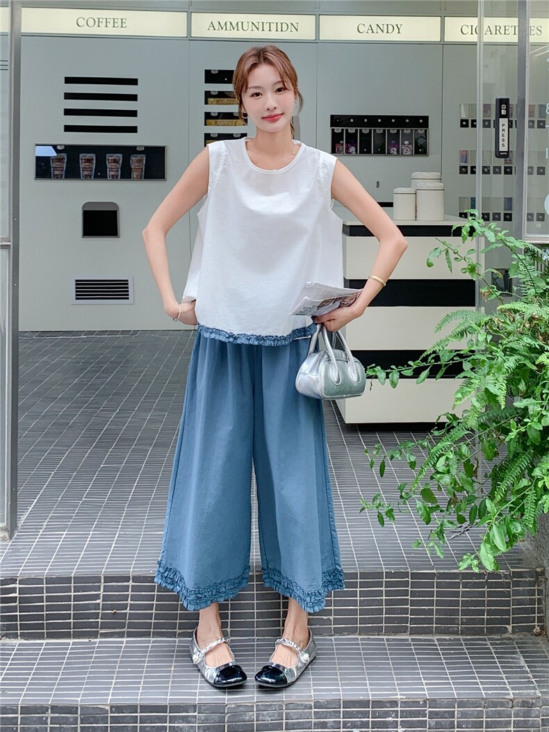 韩版温柔甜美木耳边背心套装女2025夏季新款显瘦撞色阔腿裤两件套,女装套装/套裙,慧尚2-185
