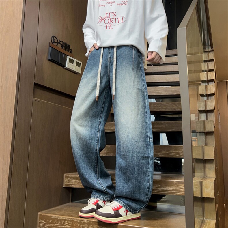 复古弯刀牛仔裤男美式高街渐变阔腿裤宽松直筒休闲裤J8096-P50图片