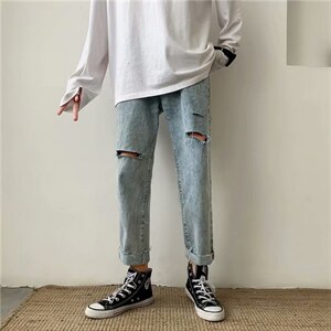 破洞f牛仔裤男宽松九分裤男士韩版潮流修身休闲百搭帅气9023-p35，男装牛仔裤，星座1008-1