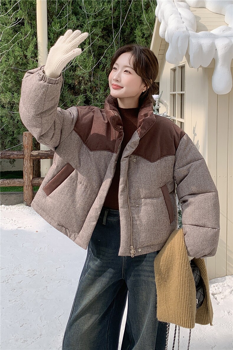 欧货高端拼接撞色羽绒服女冬季2025新款加厚保暖立领白鸭绒短外套,女装羽绒服,琦鑫阁（原依鑫阁）