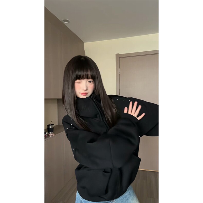 抖音得物高品质26春装美式高街铆钉杜宾犬耳朵开衫卫衣外套W125,女装短外套,电商A486