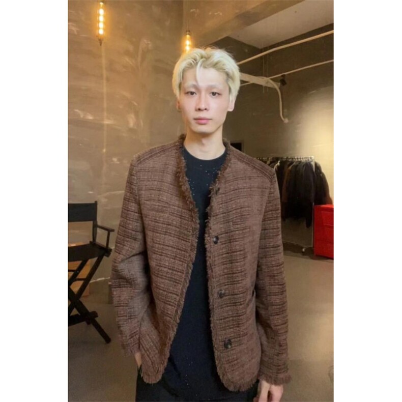男模穿搭咖色高级感小香风外套男西装韩版潮流垫肩夹克秋季上衣服,男装夹克,星座506A