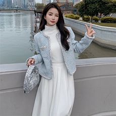 韩系蓝色粗花呢小香风外套女秋2024新款小个子高级感气质短款上衣，女装短外套，浙宝305