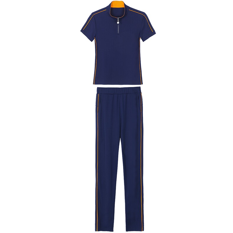夏季立领短袖运动服套装女2023新款中年妈妈时尚休闲跑步服两件套,女装套装/套裙,燕颉服饰