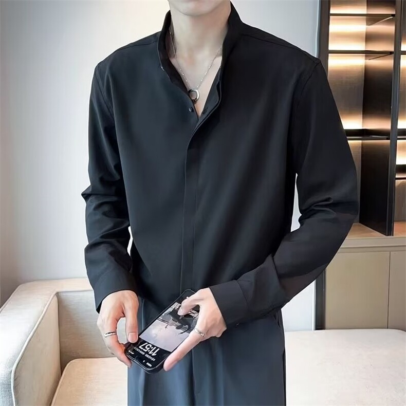 GS303P45立领长袖暗扣白色衬衣日系韩版新中式长袖衬衫外套图片