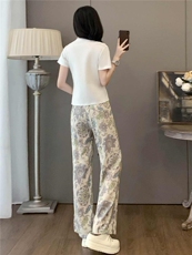 设计感时尚气质简约套装女夏圆领印花马甲假两件套阔腿长裤两件套，女装套装/套裙，江南
