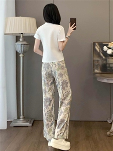 设计感时尚气质简约套装女夏圆领印花马甲假两件套阔腿长裤两件套图片