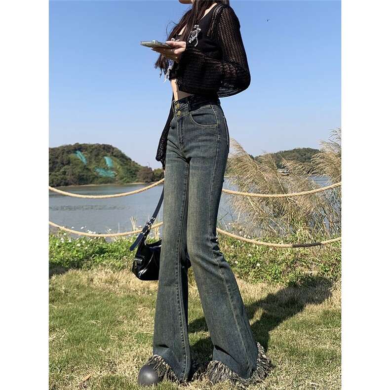 高腰微喇叭牛仔裤女2025年夏季新款美式复古设计感毛边弹力喇叭裤,男装牛仔裤,星座1210-1