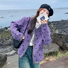 现货！2025秋冬装新品紫色小香风毛呢外套2C056-6819-P155控228，女装毛呢外套，2C056